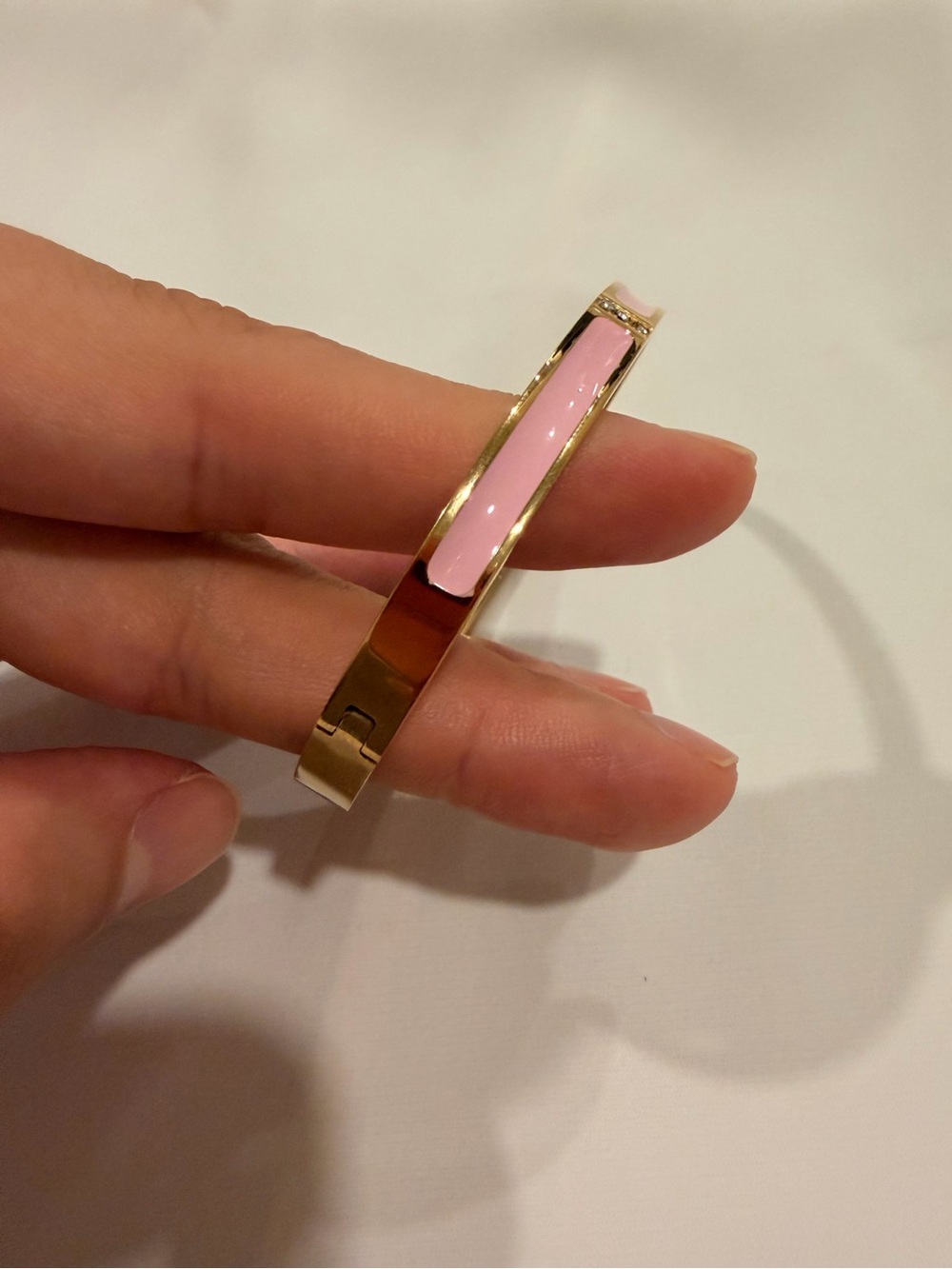 Gold Pink Enamel Hinged Bangle Bracelet - Picture 3 of 9